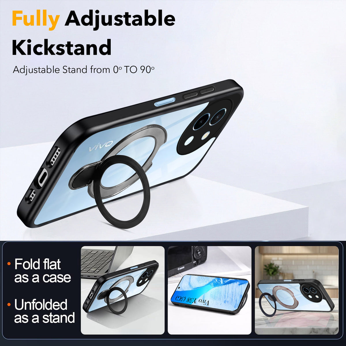For Vivo Y58 5G Back Cover Case (Kick Stand Ring Holder | Life time Anti Yellow | Camera Protection)