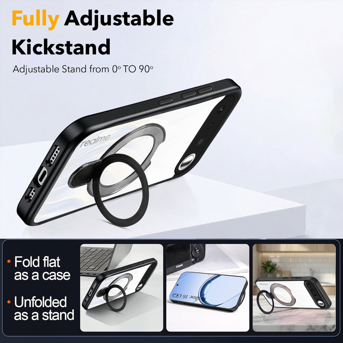 For Realme 16 Back Cover Case (Kick Stand Ring Holder | Life time Anti Yellow | Camera Protection)