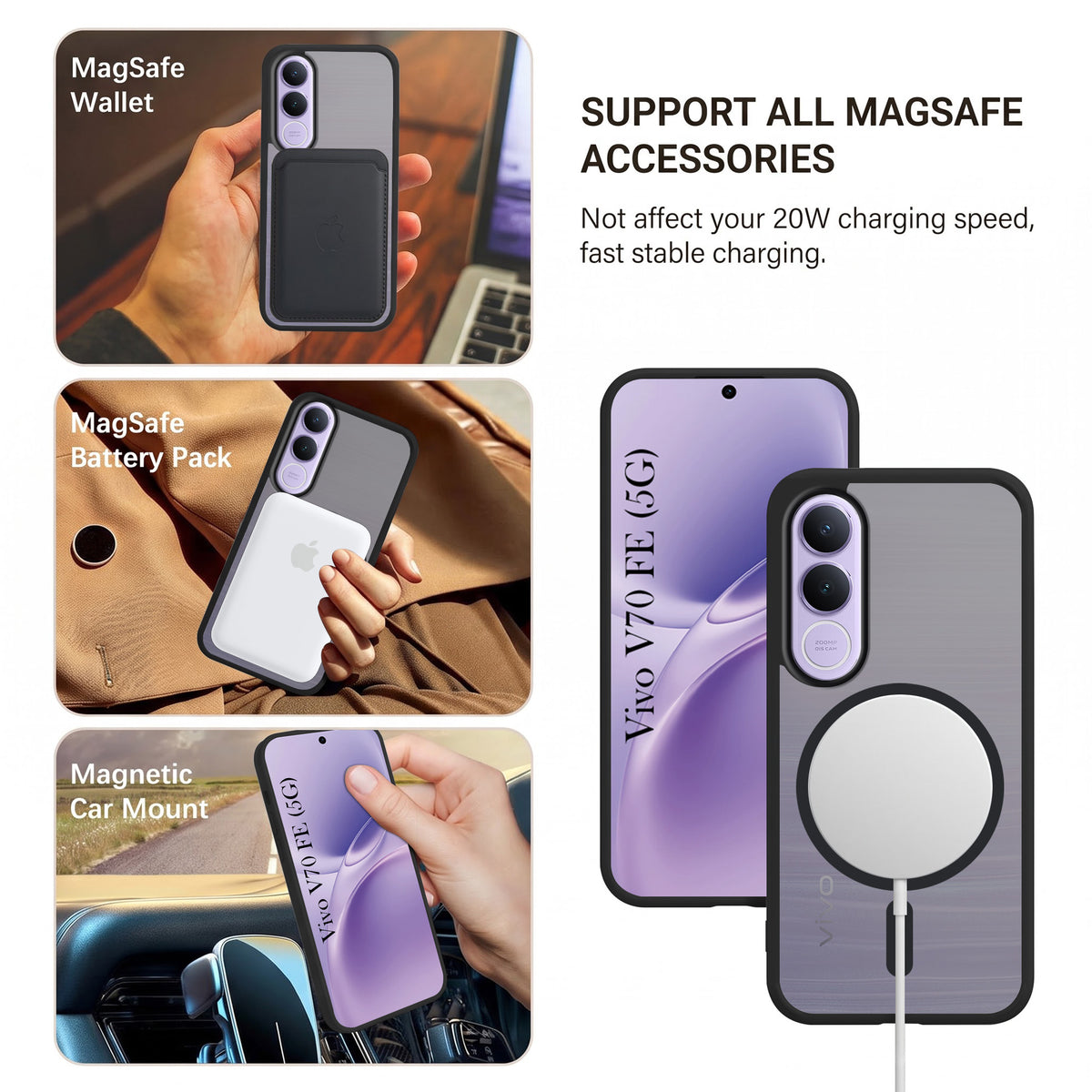 For Vivo V70 FE 5G Matte Finish Back Case Cover (MagSafe Compatible | Translucent Soft Touch | Slim and Unbreakable)