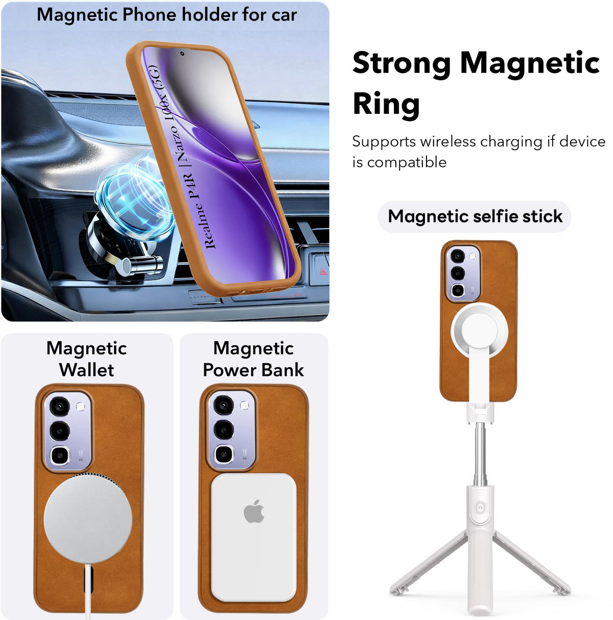 For Realme P4R 5G | Realme Narzo 100X 5G Back Cover Case Leather Finish (MagSafe Compatible Wireless Charging | Soft Touch | Camera Bump Protection)