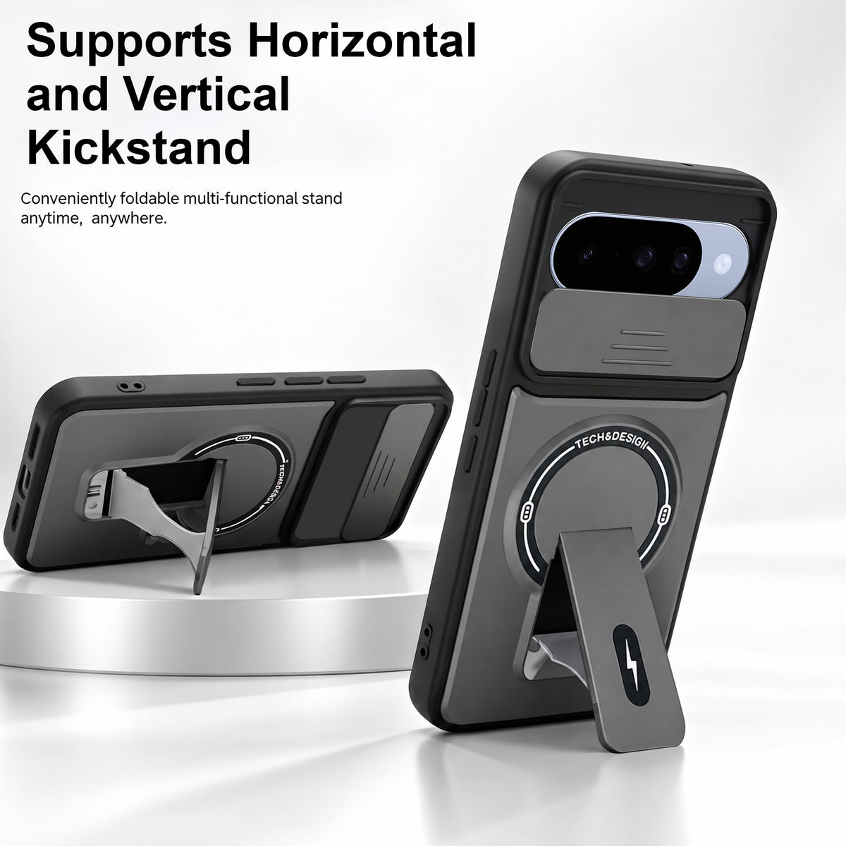 For Google Pixel 10 Back Case Cover Metallic (Hybrid Armor Kickstand | Sliding Shutter Camera Protection | MagSafe Compatible)