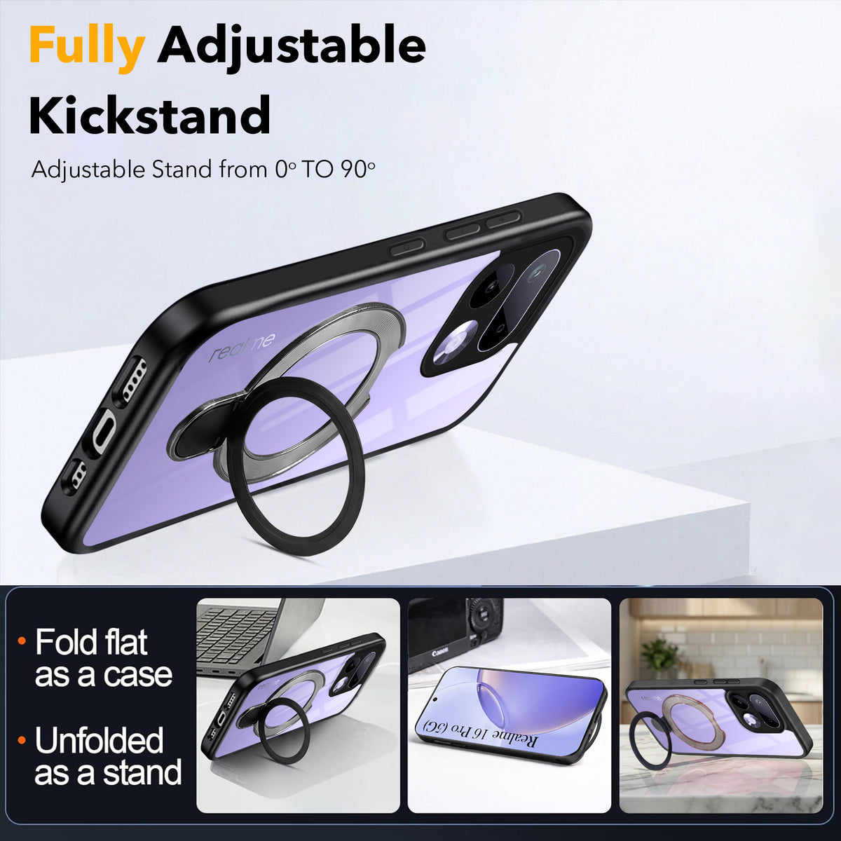 For Realme 16 Pro Back Cover Case (Kick Stand Ring Holder | Life time Anti Yellow | Camera Protection)