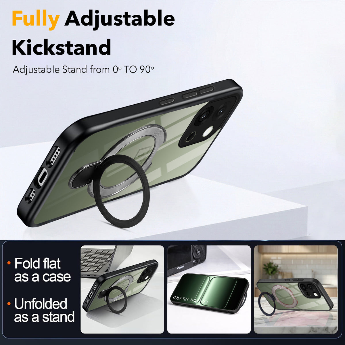 For OnePlus 13S Back Cover Case (Kick Stand Ring Holder | Life time Anti Yellow | Camera Protection)
