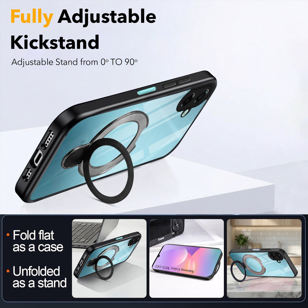 For Samsung Galaxy M17e Back Cover Case (Kick Stand Ring Holder | Life time Anti Yellow | Camera Protection)