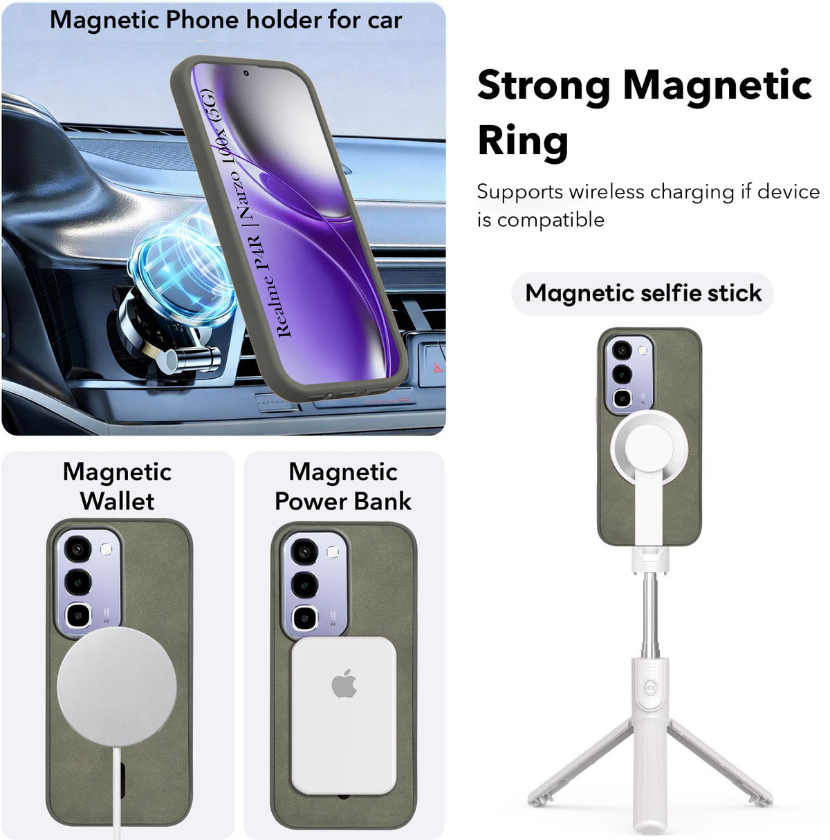 For Realme P4R 5G | Realme Narzo 100X 5G Back Cover Case Leather Finish (MagSafe Compatible Wireless Charging | Soft Touch | Camera Bump Protection)