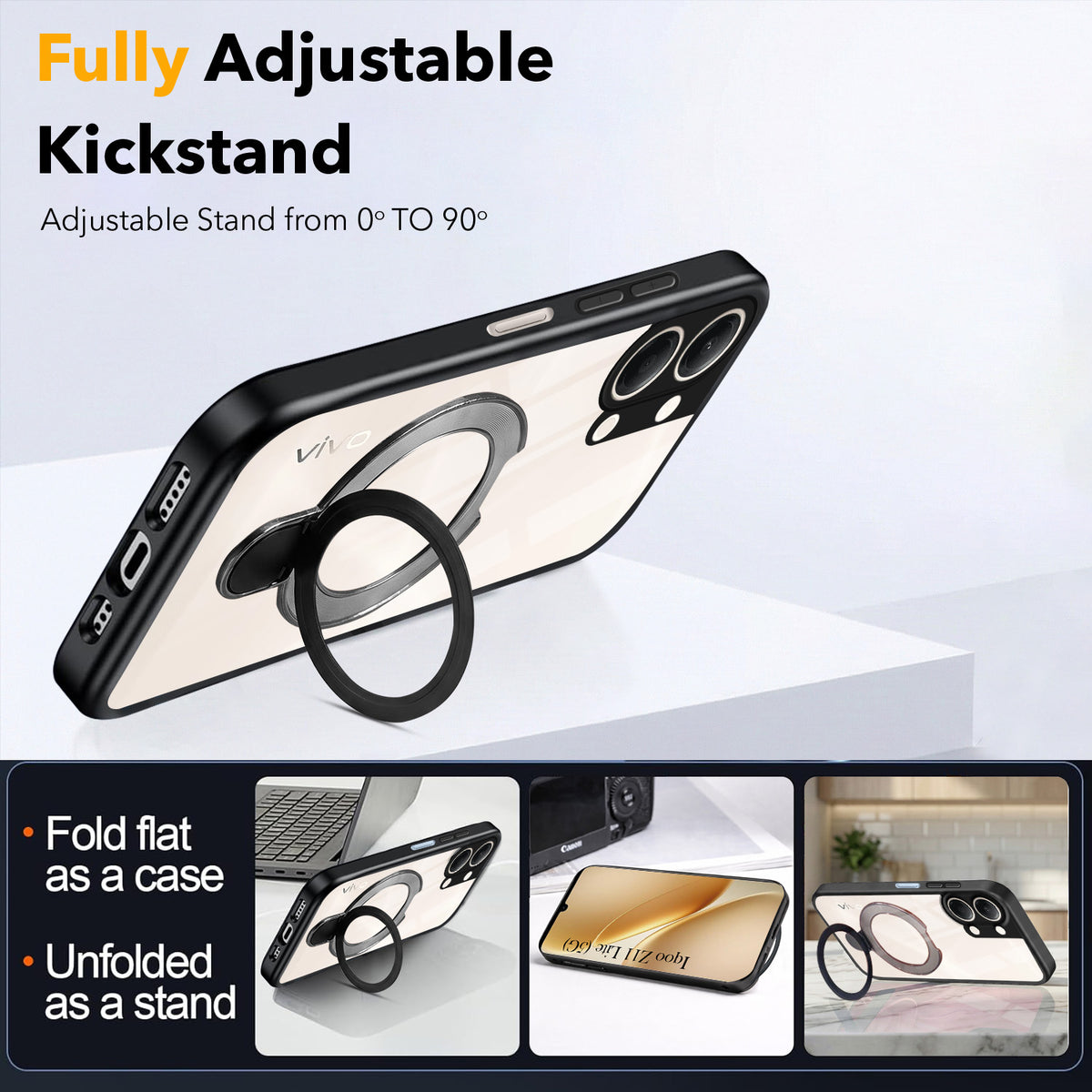 For Vivo iQOO Z11 Lite Back Cover Case (Kick Stand Ring Holder | Life time Anti Yellow | Camera Protection)