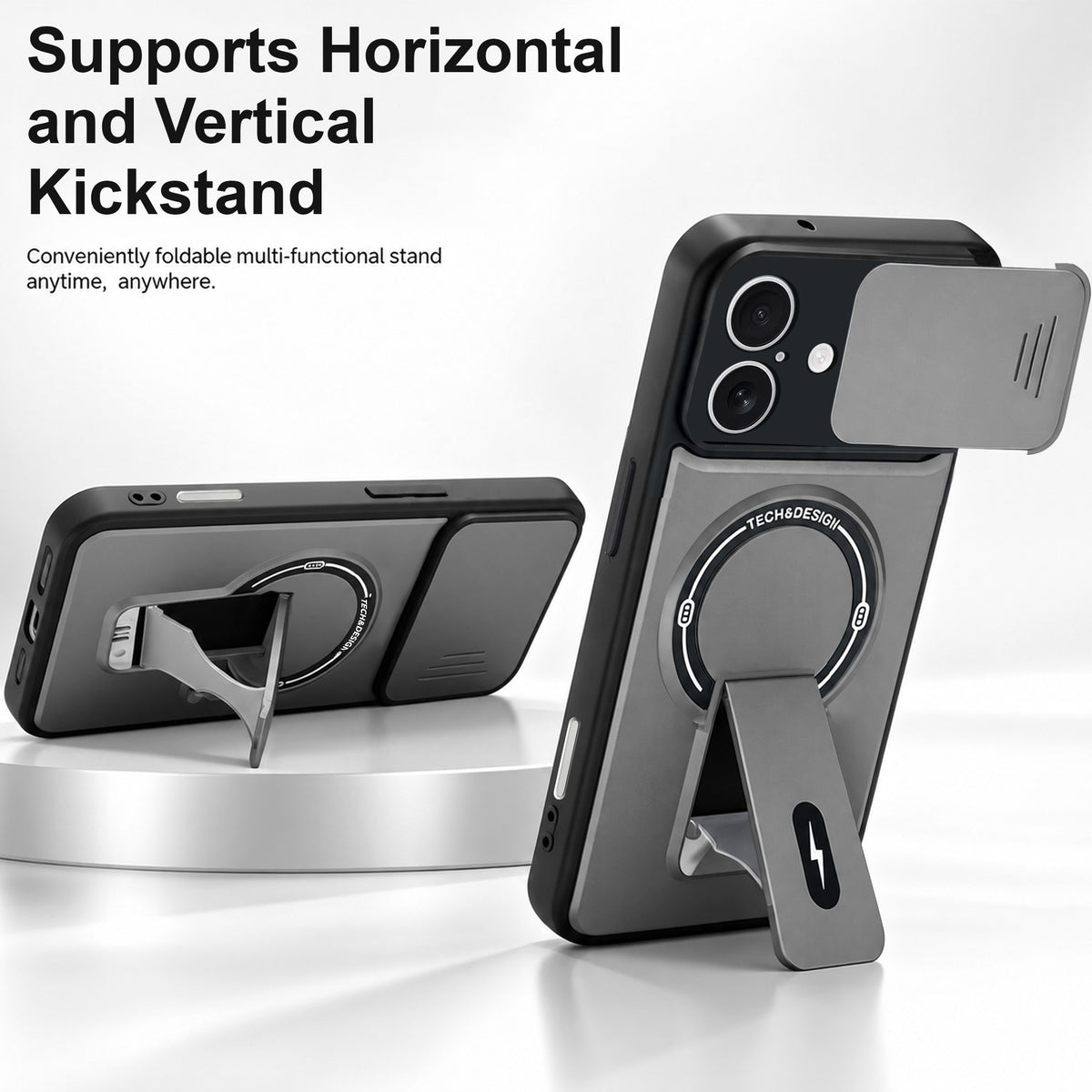 For Apple iPhone 17 Back Case Cover Metallic (Hybrid Armor Kickstand | Sliding Shutter Camera Protection | MagSafe Compatible)