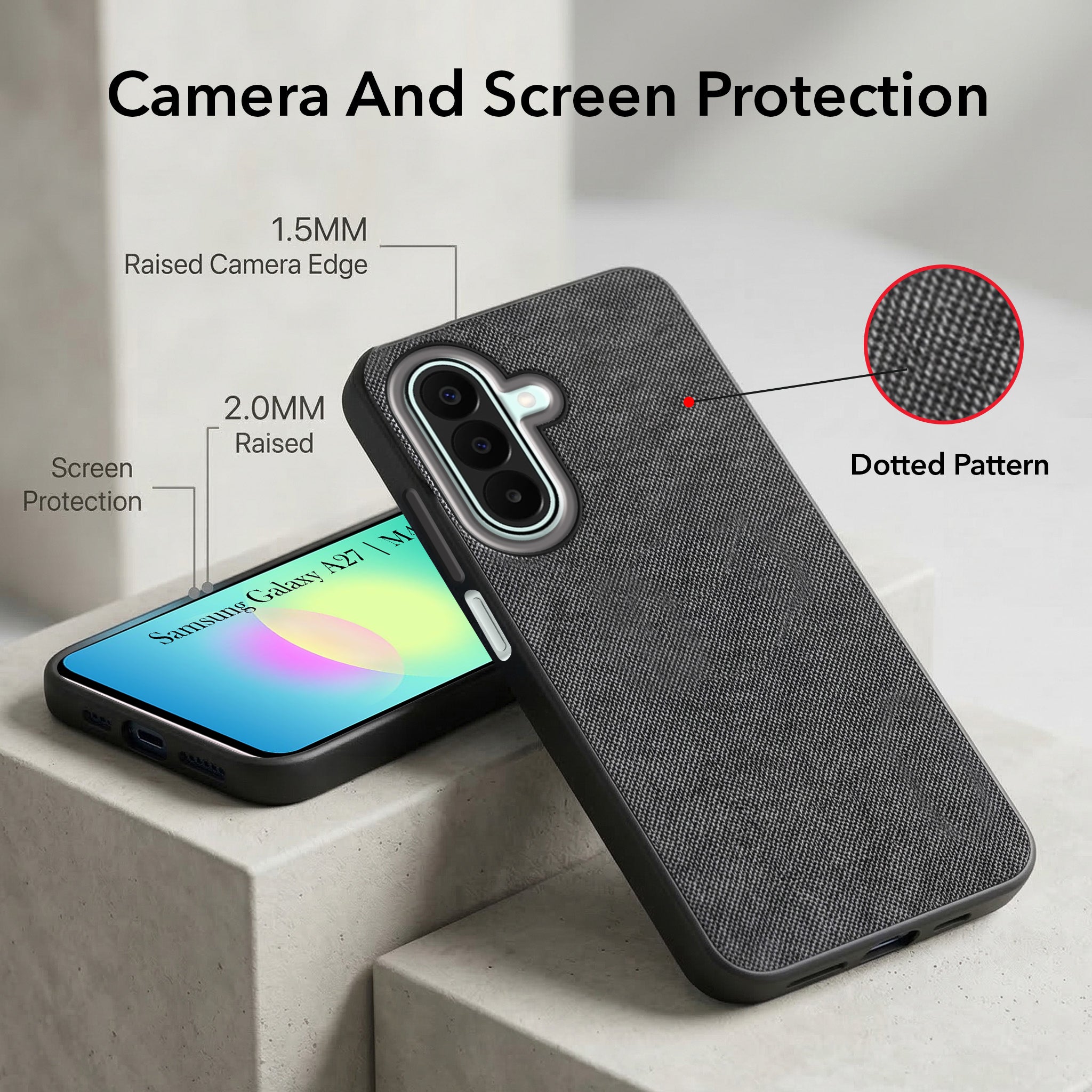 For Samsung A27 5G | Samsung M47 5G Combo with Back Cover and 9H Tempered Glass (Textured Grip Design | Micro-Fiber Cloth Inside | Oleophobic Coating Screen Glass)