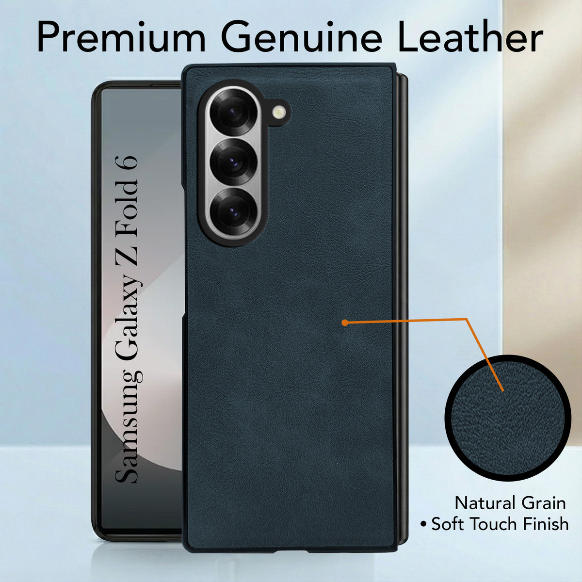 For Samsung Galaxy Z Fold 6 Back Case Cover Premium Genuine Leather (Integrated Front Screen Protector | Inside Microfiber Cloth)