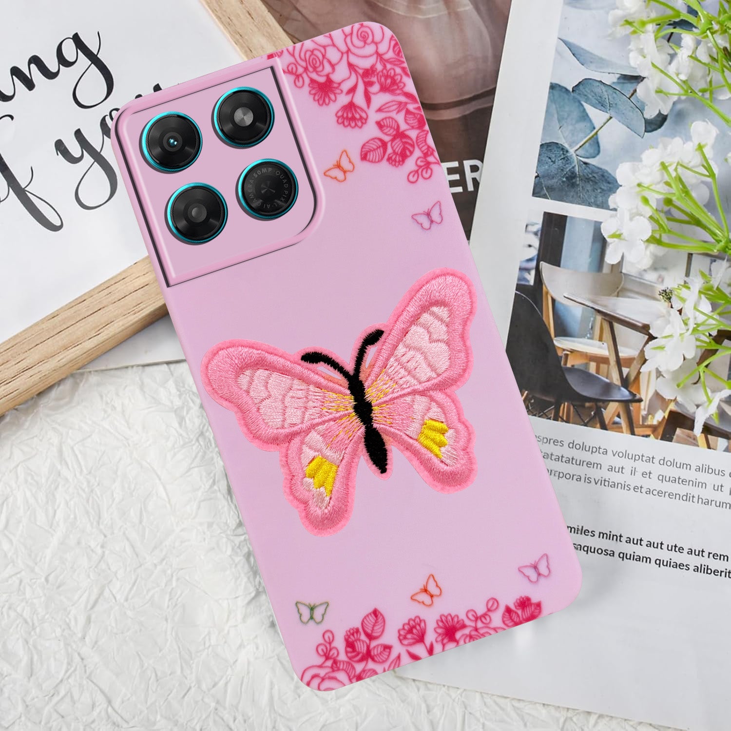For Motorola Moto G37 Power Back Cover Case (Soft Butterfly Embroidery | Women Teen Girls | Camera Protection| Matte Silicone)