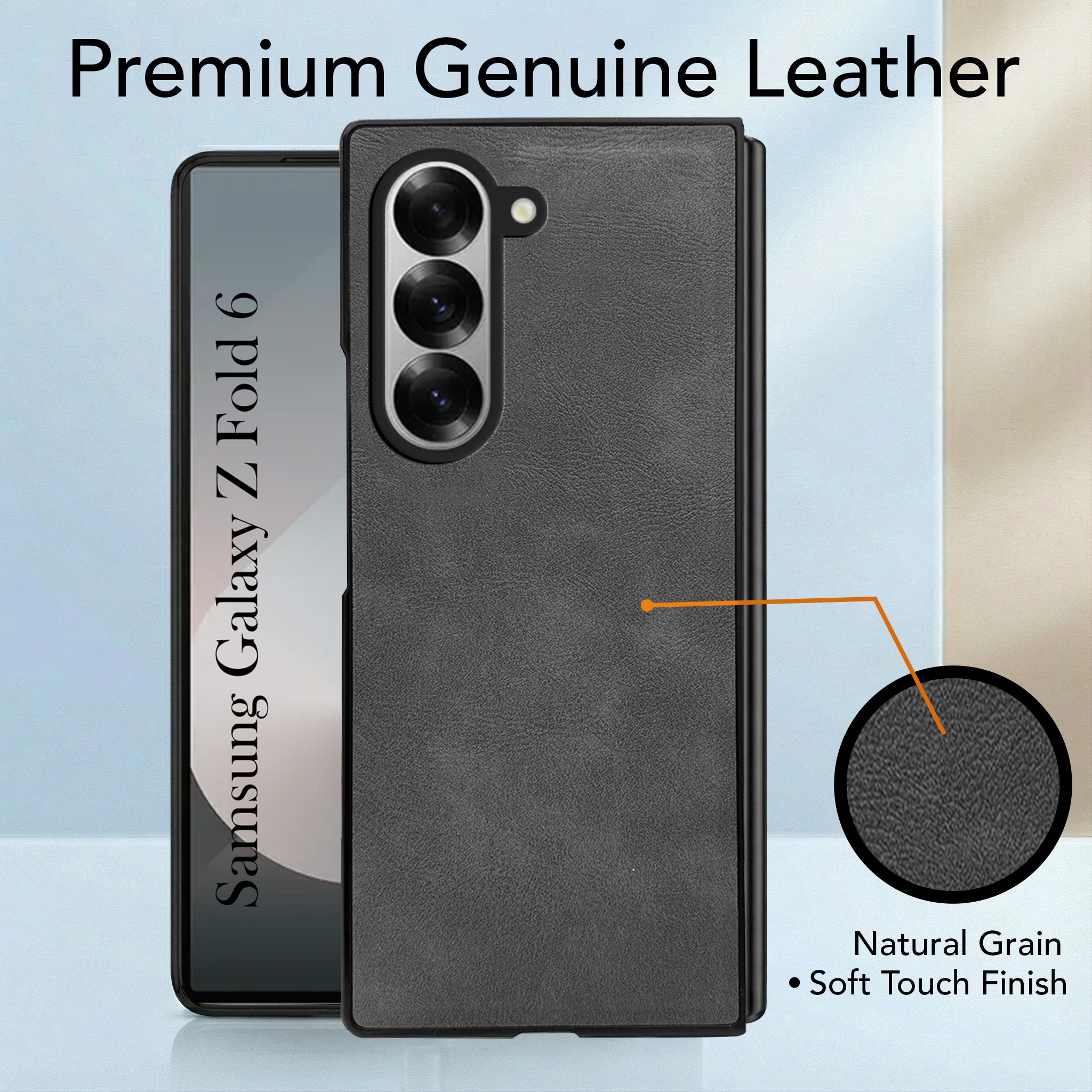For Samsung Galaxy Z Fold 6 Back Case Cover Premium Genuine Leather (Integrated Front Screen Protector | Inside Microfiber Cloth)