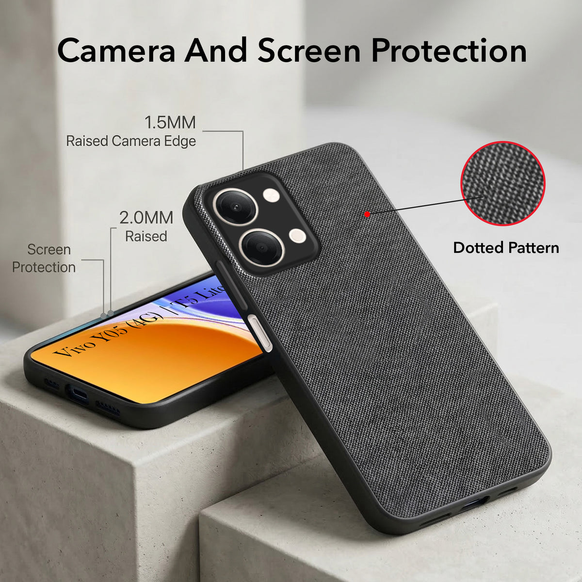 For Vivo Y05 (4G) | Vivo T5 Lite (5G)  Combo (Textured Grip Design | Micro-Fiber Cloth Inside | Oleophobic Coating Screen Glass)