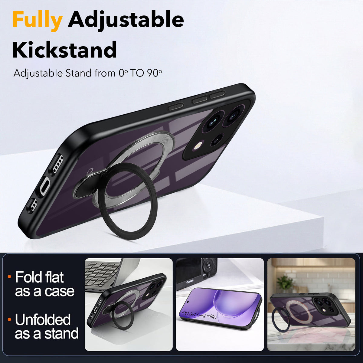 For Oppo Reno 16C 5G Back Cover Case (Kick Stand Ring Holder | Life time Anti Yellow | Camera Protection)