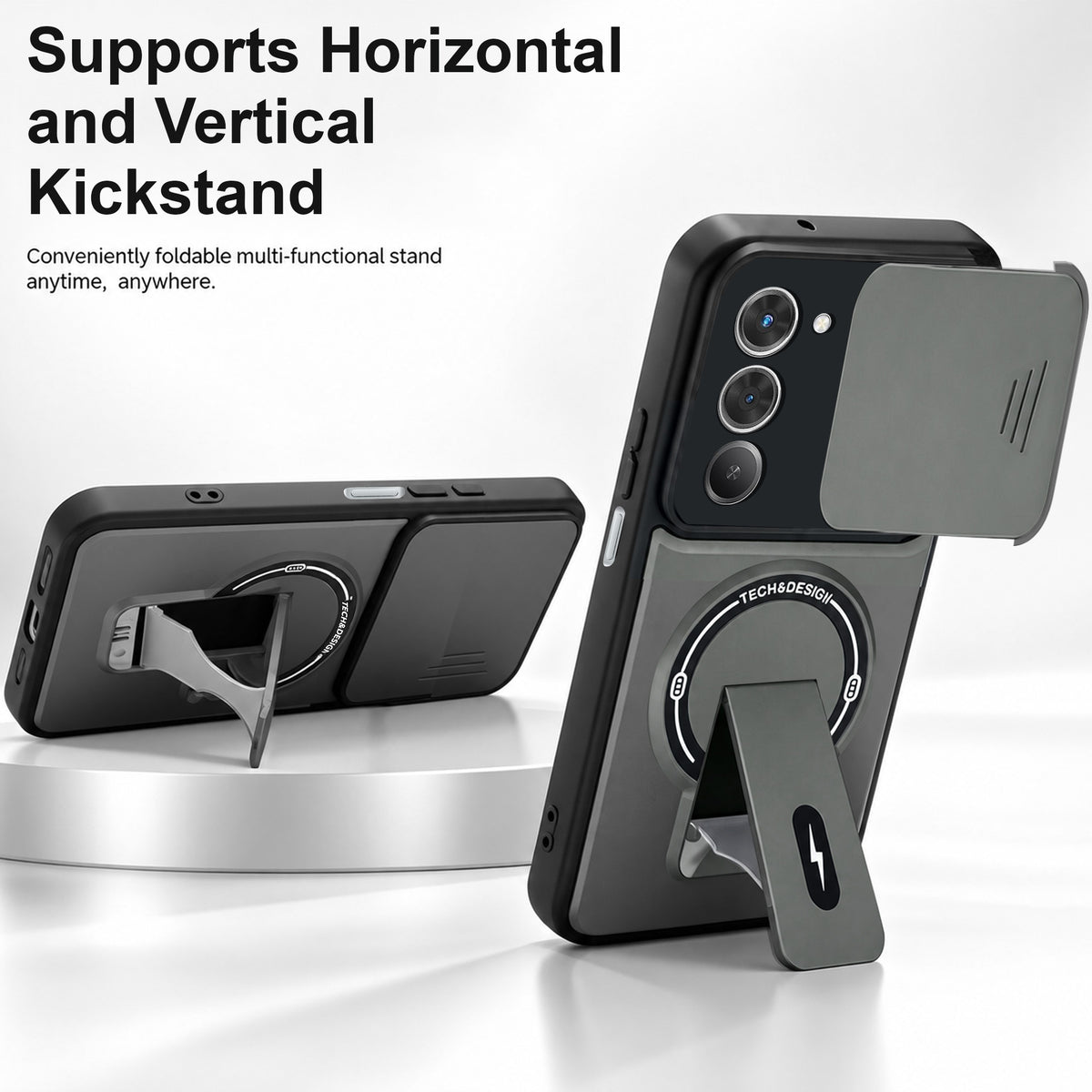 For Redmi 15 Back Case Cover Metallic (Hybrid Armor Kickstand | Sliding Shutter Camera Protection | MagSafe Compatible)