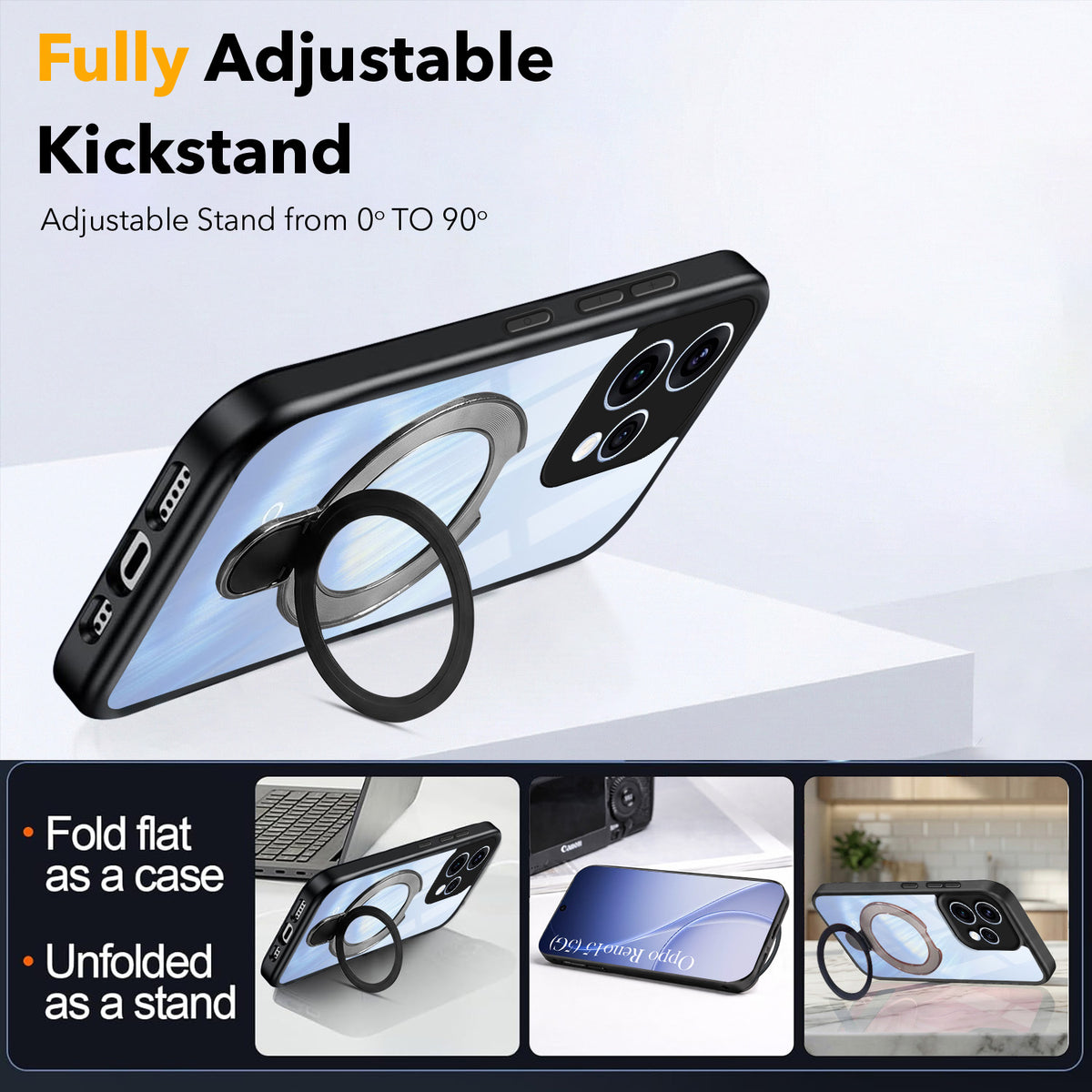 For Oppo Reno15 5G | Oppo Reno 15 5G Back Cover Case (Kick Stand Ring Holder | Life time Anti Yellow | Camera Protection)