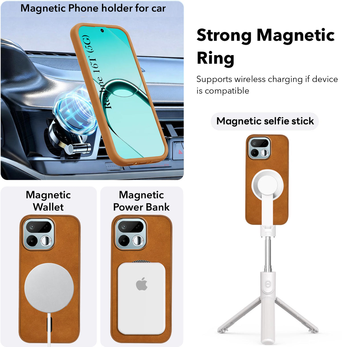 For Realme 16T 5G Back Cover Case Leather Finish (MagSafe Compatible Wireless Charging | Soft Touch | Camera Bump Protection)