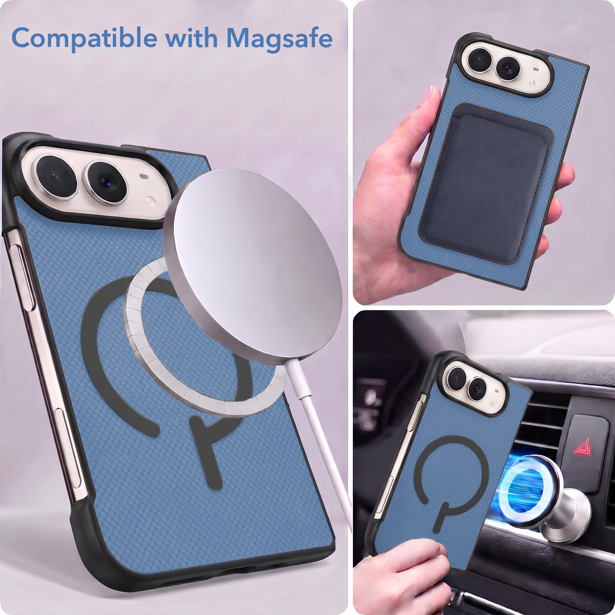 For Apple iPhone Duo Premium Magnetic Back Cover Case (MagSafe Compatible | 180° Folding Design | Soft Microfiber Inner Lining | Textured Blue Finish)