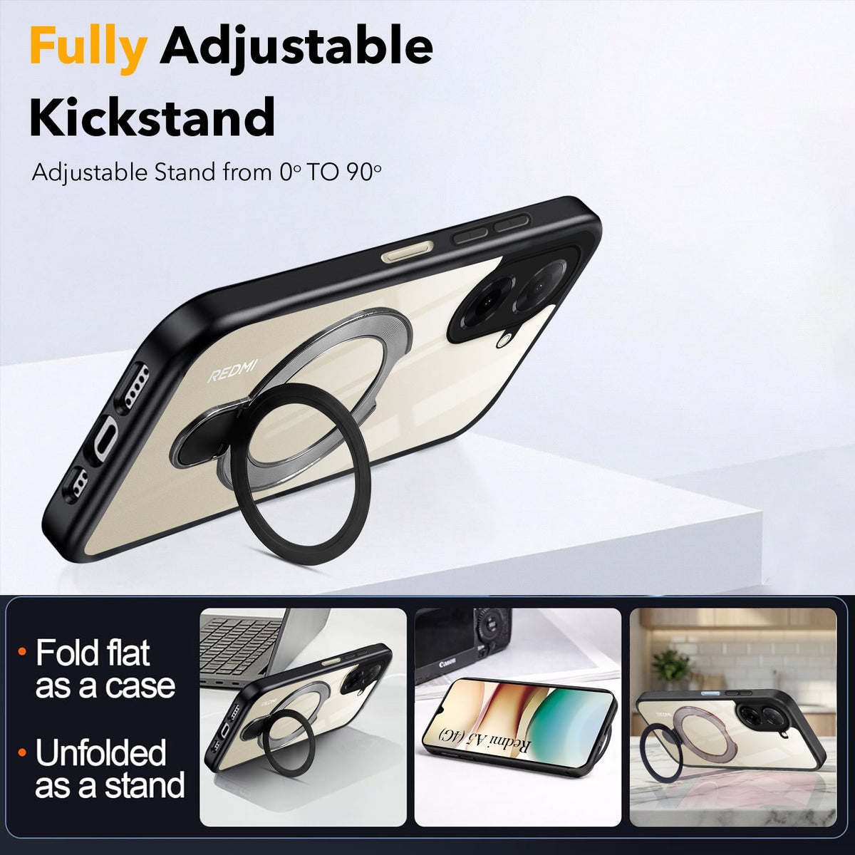 For Redmi A5 4G Back Cover Case (Kick Stand Ring Holder | Life time Anti Yellow | Camera Protection)