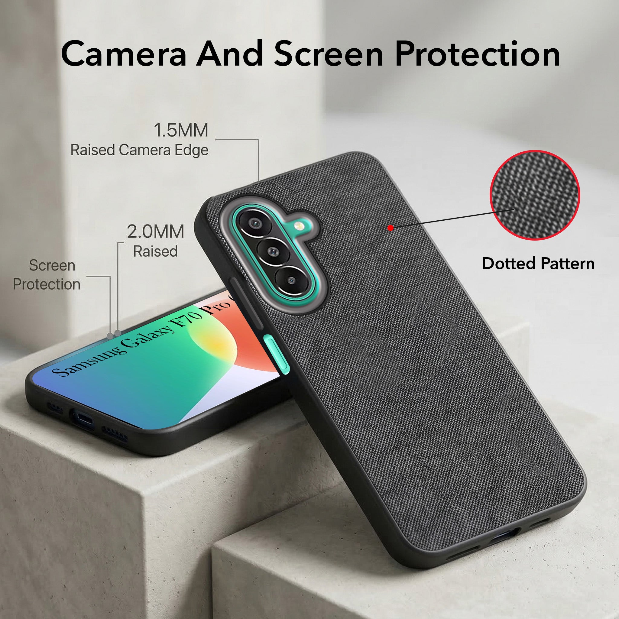 For Samsung Galaxy F70 Pro 5G Combo (Textured Grip Design | Micro-Fiber Cloth Inside | Oleophobic Coating Screen Glass)