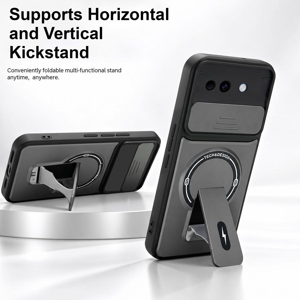 For Google Pixel 10a Back Case Cover Metallic (Hybrid Armor Kickstand | Sliding Shutter Camera Protection | MagSafe Compatible)