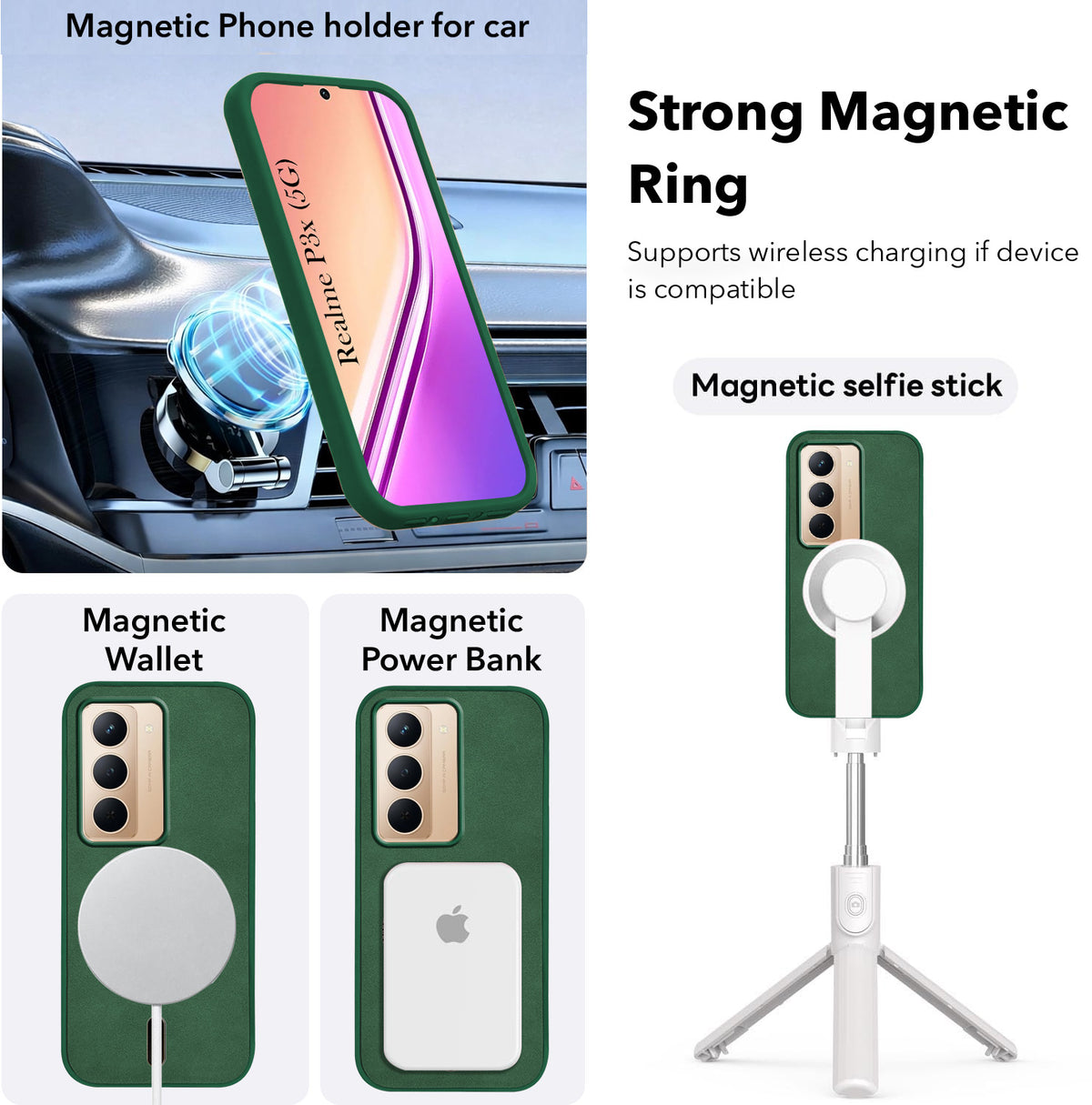 For Realme P3x Back Cover Case Leather Finish (MagSafe Compatible Wireless Charging | Soft Touch | Camera Bump Protection)