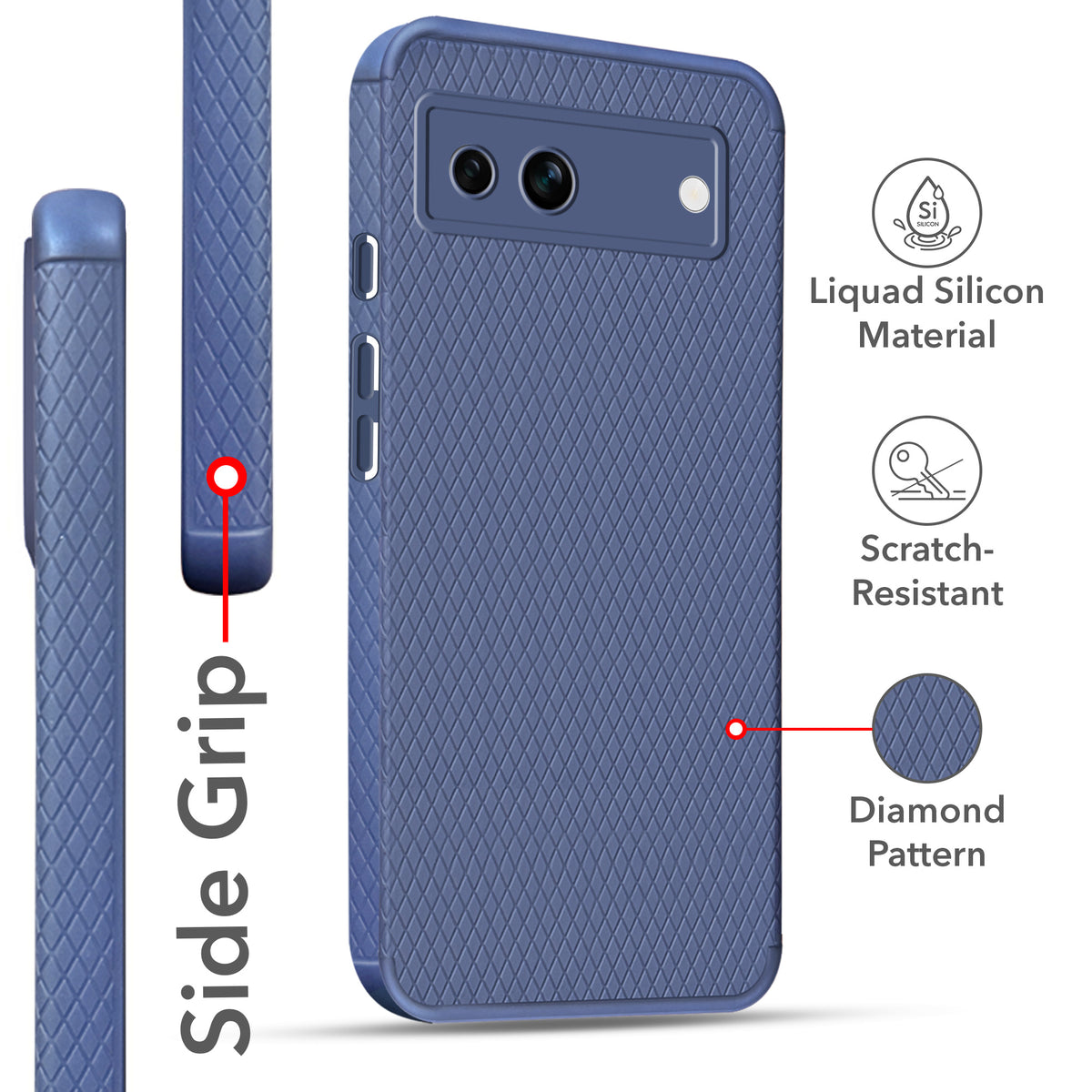 For Google Pixel 7a Back Cover Case Liquid Silicone (Camera Protection | Side Grip Texture | Soft and Flexible)