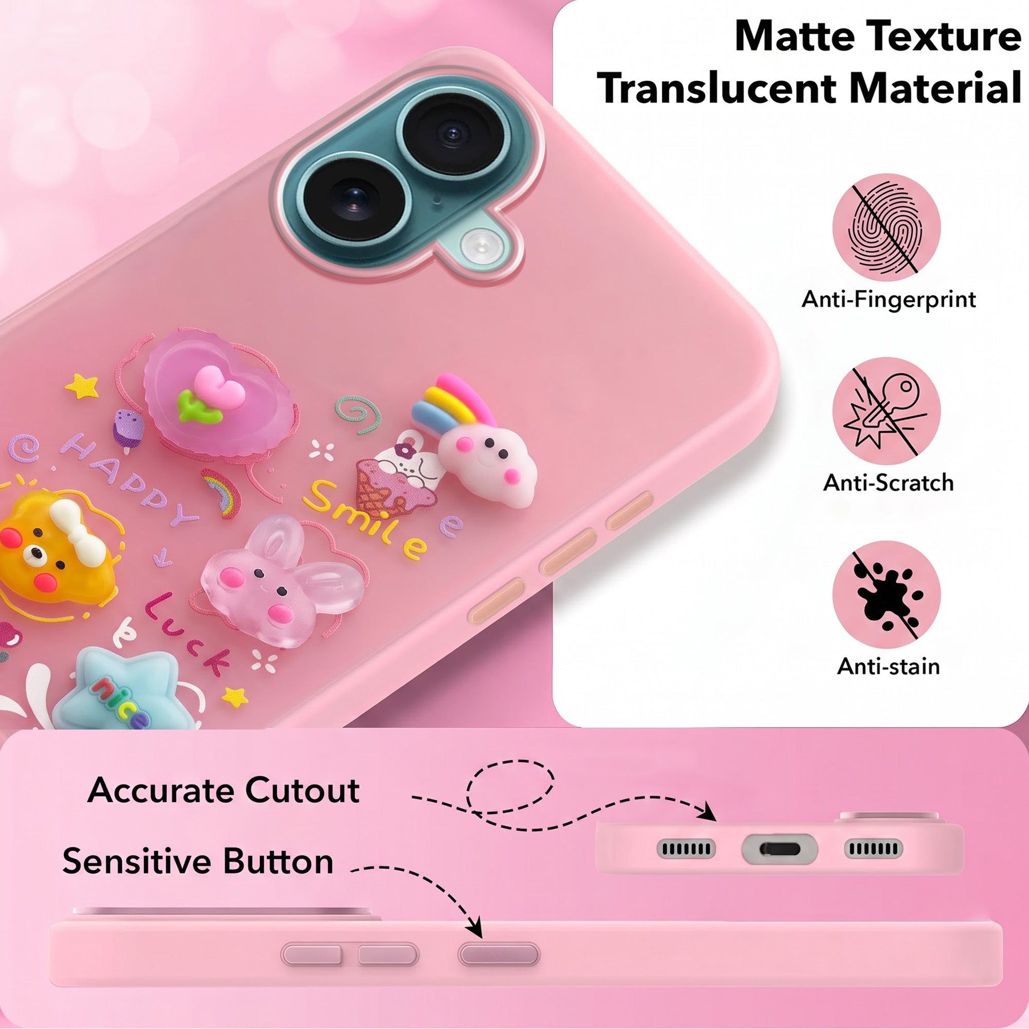 For Apple iPhone 16 Back Cover Case (3D Cute Cartoons | Hard Back Side Soft | Matte Premium Finish | HD Printing)