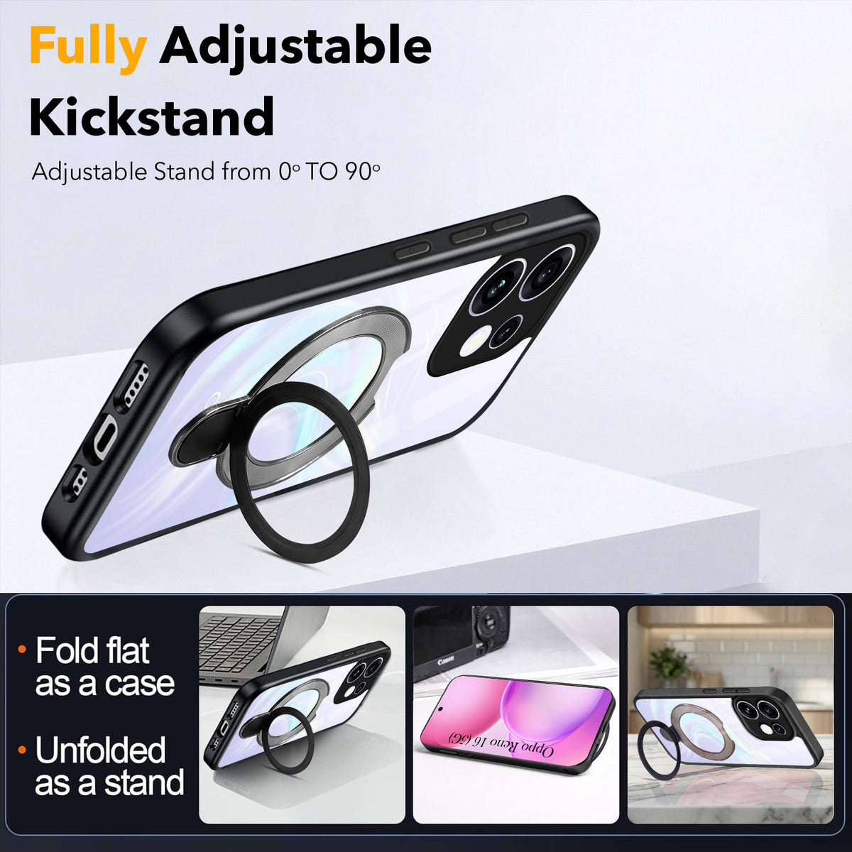 For Oppo Reno 16 Back Cover Case (Kick Stand Ring Holder | Life time Anti Yellow | Camera Protection)