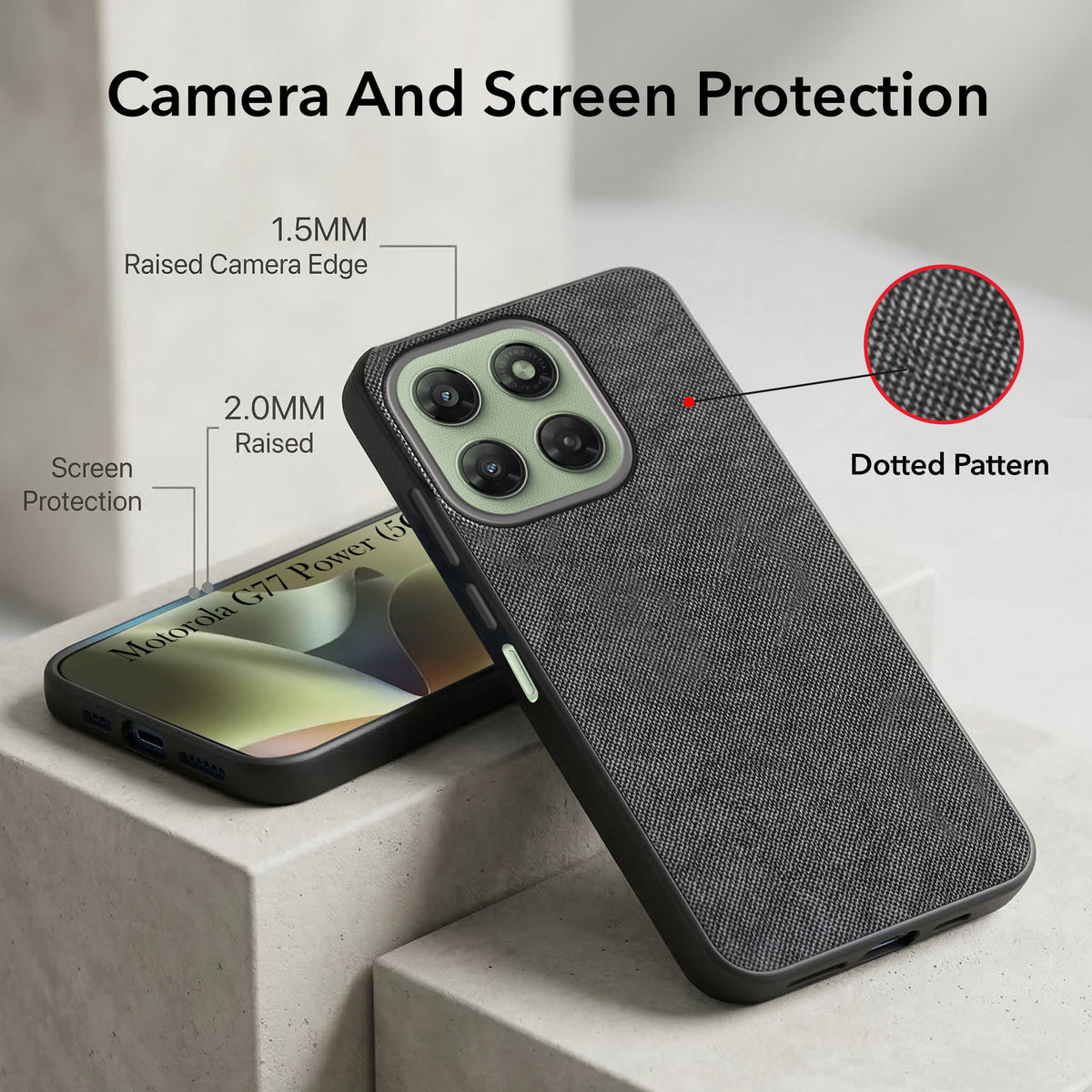 For Motorola Moto G77 Power Combo with Back Cover and 9H Tempered Glass (Textured Grip Design | Micro-Fiber Cloth Inside | Oleophobic Coating Screen Glass)