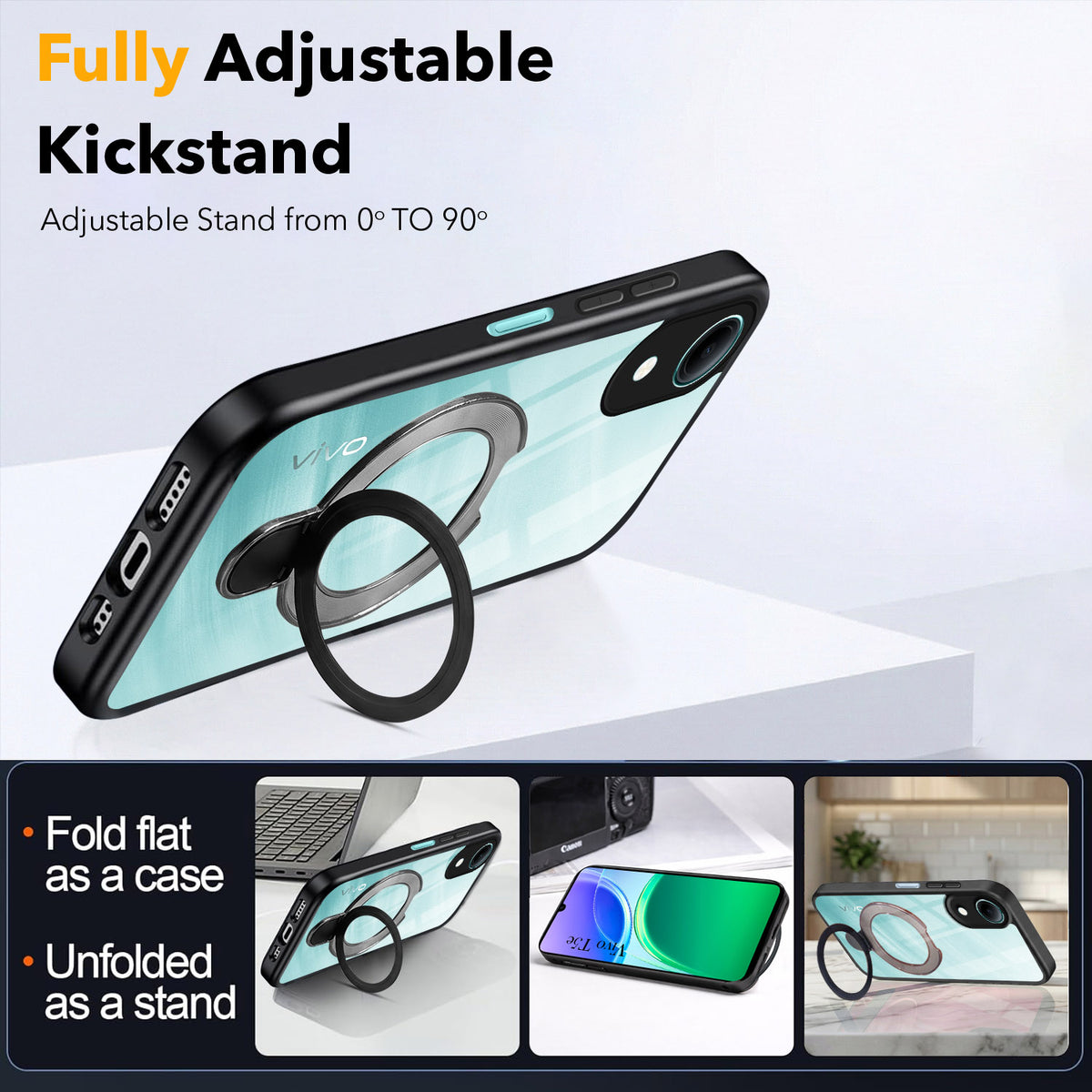 For Vivo T5e 4G Back Cover Case (Kick Stand Ring Holder | Life time Anti Yellow | Camera Protection)