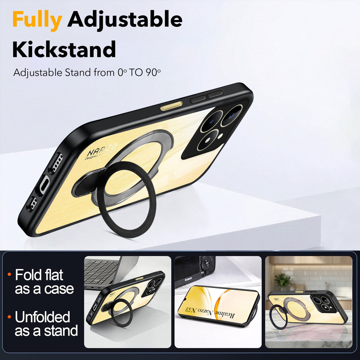For Realme Narzo N53 Back Cover Case (Kick Stand Ring Holder | Life time Anti Yellow | Camera Protection)