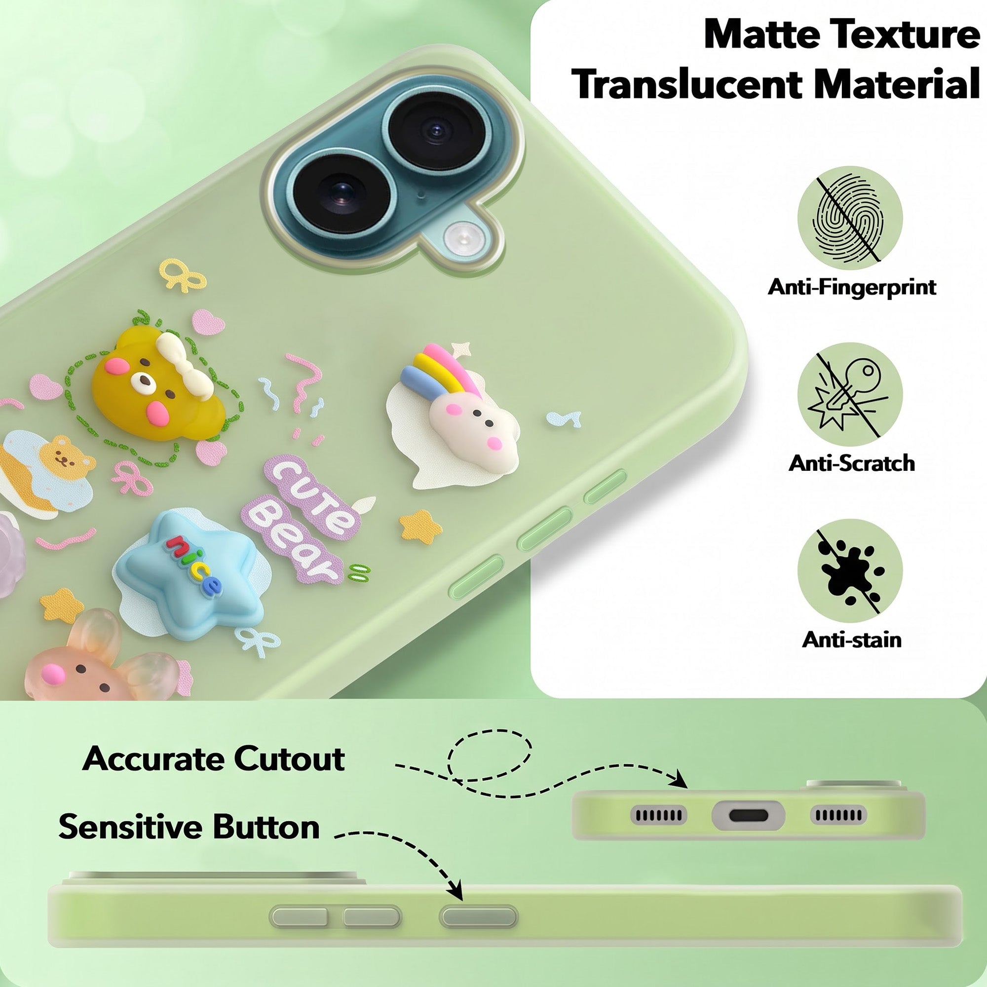 For Apple iPhone 16 Back Cover Case (3D Cute Cartoons | Hard Back Side Soft | Matte Premium Finish | HD Printing)