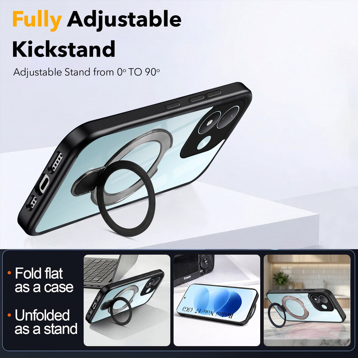 For Redmi Note 17 5G Back Cover Case (Kick Stand Ring Holder | Life time Anti Yellow | Camera Protection)