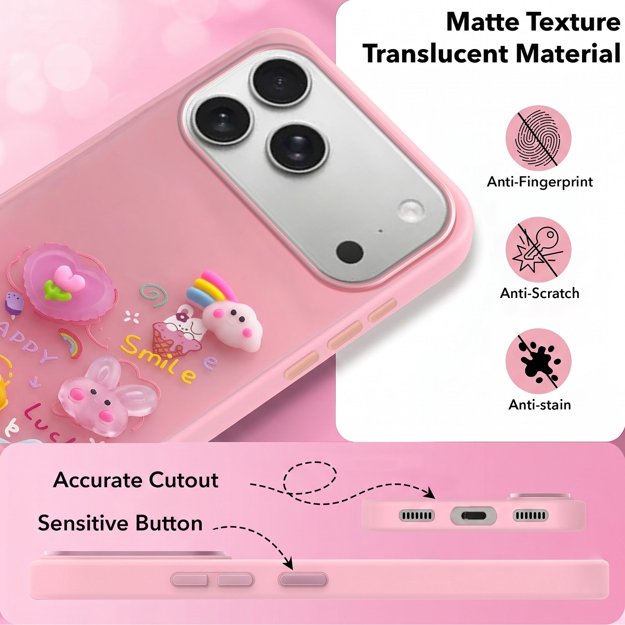 For Apple iPhone 17 Pro Back Cover Case (3D Cute Cartoons | Hard Back Side Soft | Matte Premium Finish | HD Printing)