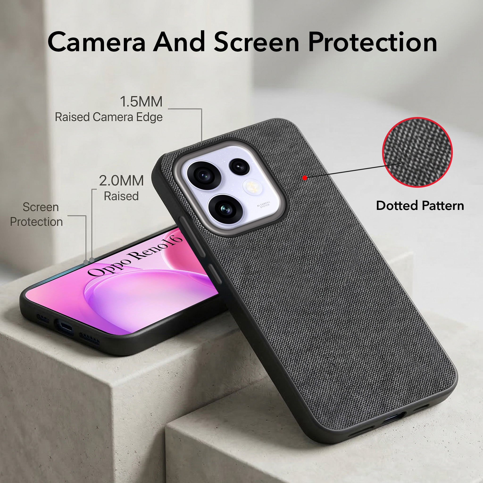 For Oppo Reno 16 Combo with Back Cover and 9H Tempered Glass (Textured Grip Design | Micro-Fiber Cloth Inside | Oleophobic Coating Screen Glass)