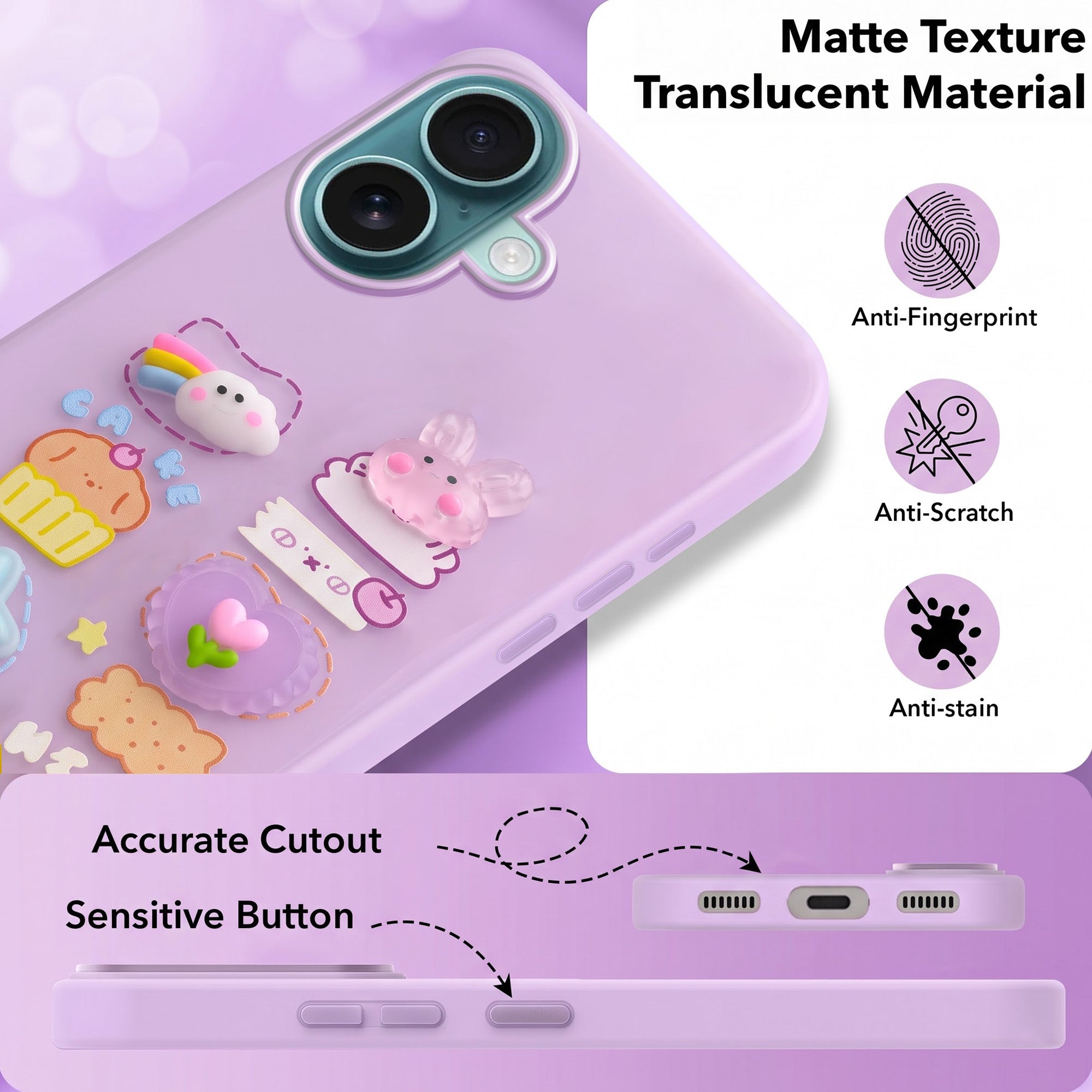 For Apple iPhone 16 Back Cover Case (3D Cute Cartoons | Hard Back Side Soft | Matte Premium Finish | HD Printing)