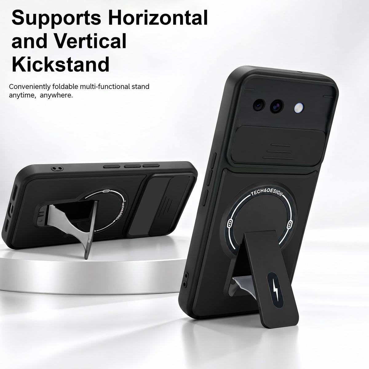 For Google Pixel 10a Back Case Cover Metallic (Hybrid Armor Kickstand | Sliding Shutter Camera Protection | MagSafe Compatible)