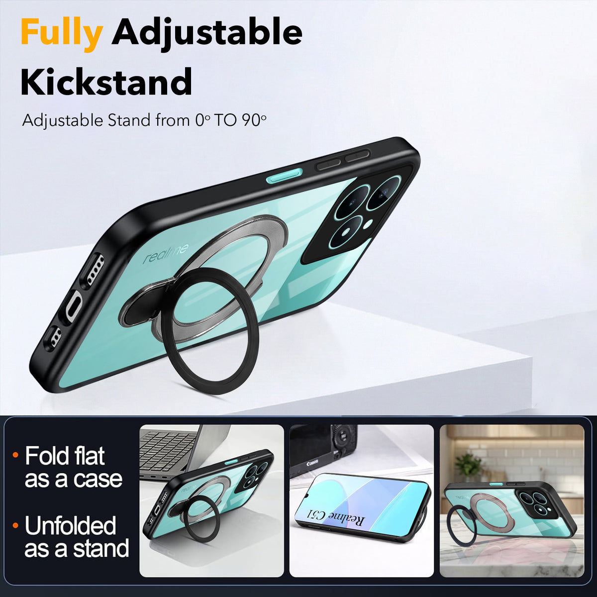 For Realme C51 Back Cover Case (Kick Stand Ring Holder | Life time Anti Yellow | Camera Protection)