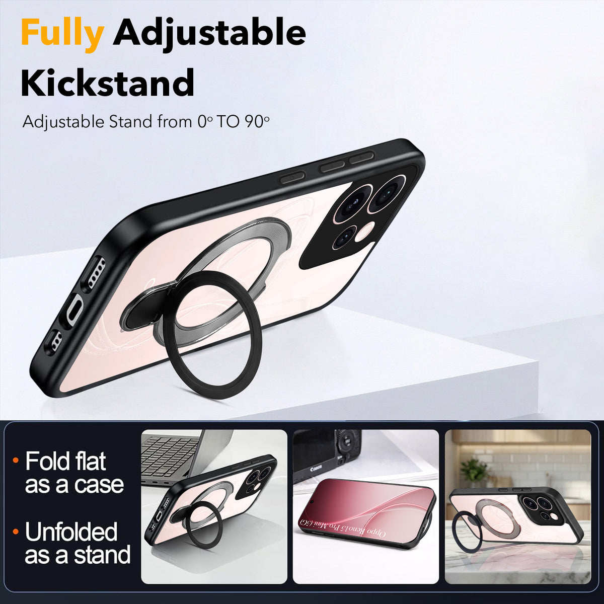For Oppo Reno15 Pro Mini 5G | Oppo Reno 15 Pro Mini 5G Back Cover Case (Kick Stand Ring Holder | Life time Anti Yellow | Camera Protection)