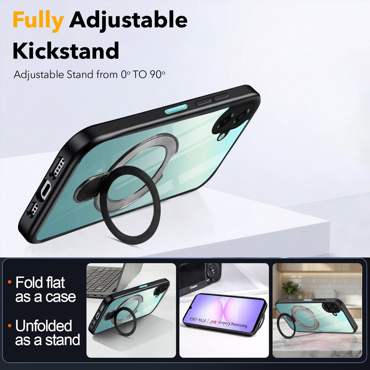 For Samsung Galaxy A07 5G | F70e 5G Back Cover Case (Kick Stand Ring Holder | Life time Anti Yellow | Camera Protection)