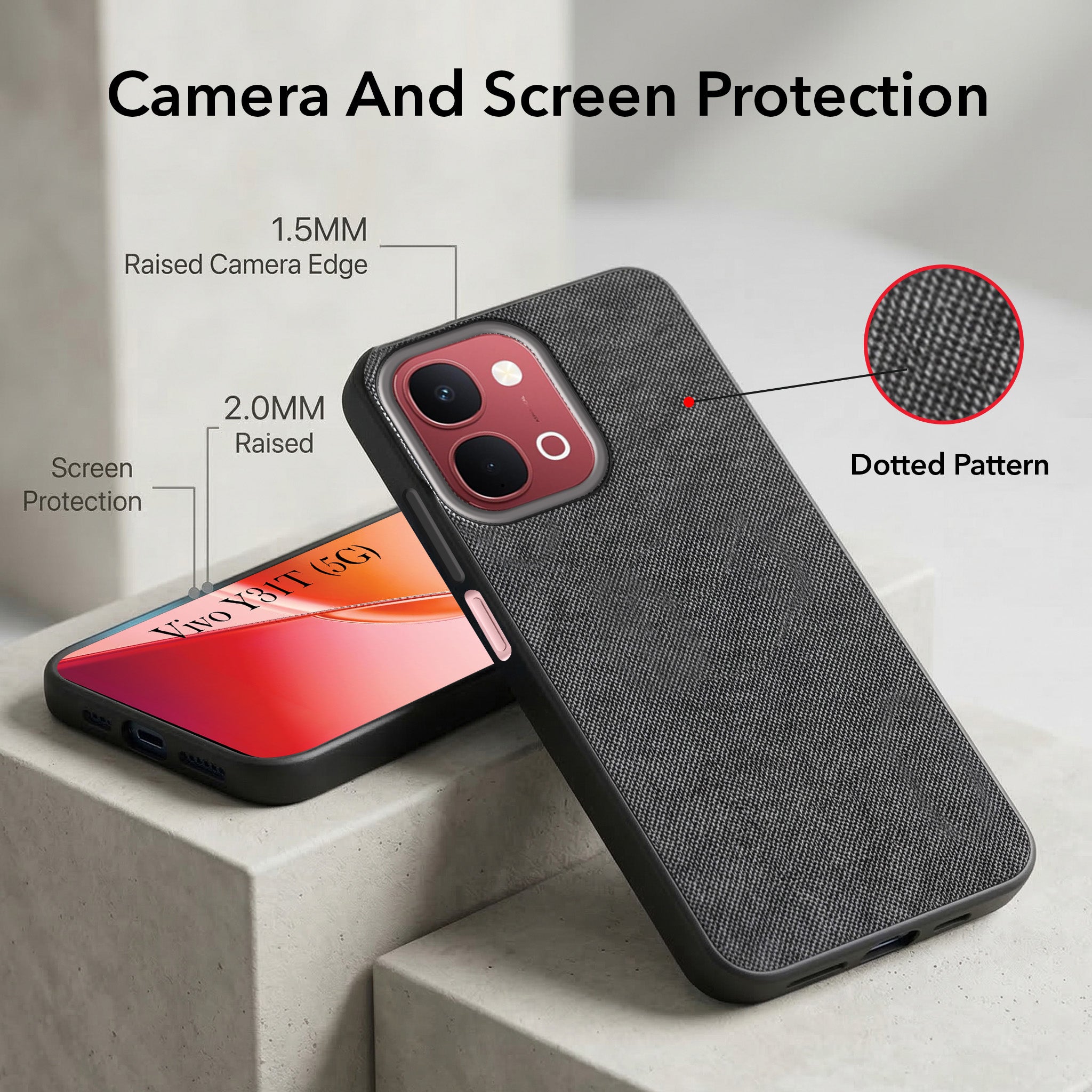 For Vivo Y31T 5G Combo with Back Cover and 9H Tempered Glass (Textured Grip Design | Micro-Fiber Cloth Inside | Oleophobic Coating Screen Glass)