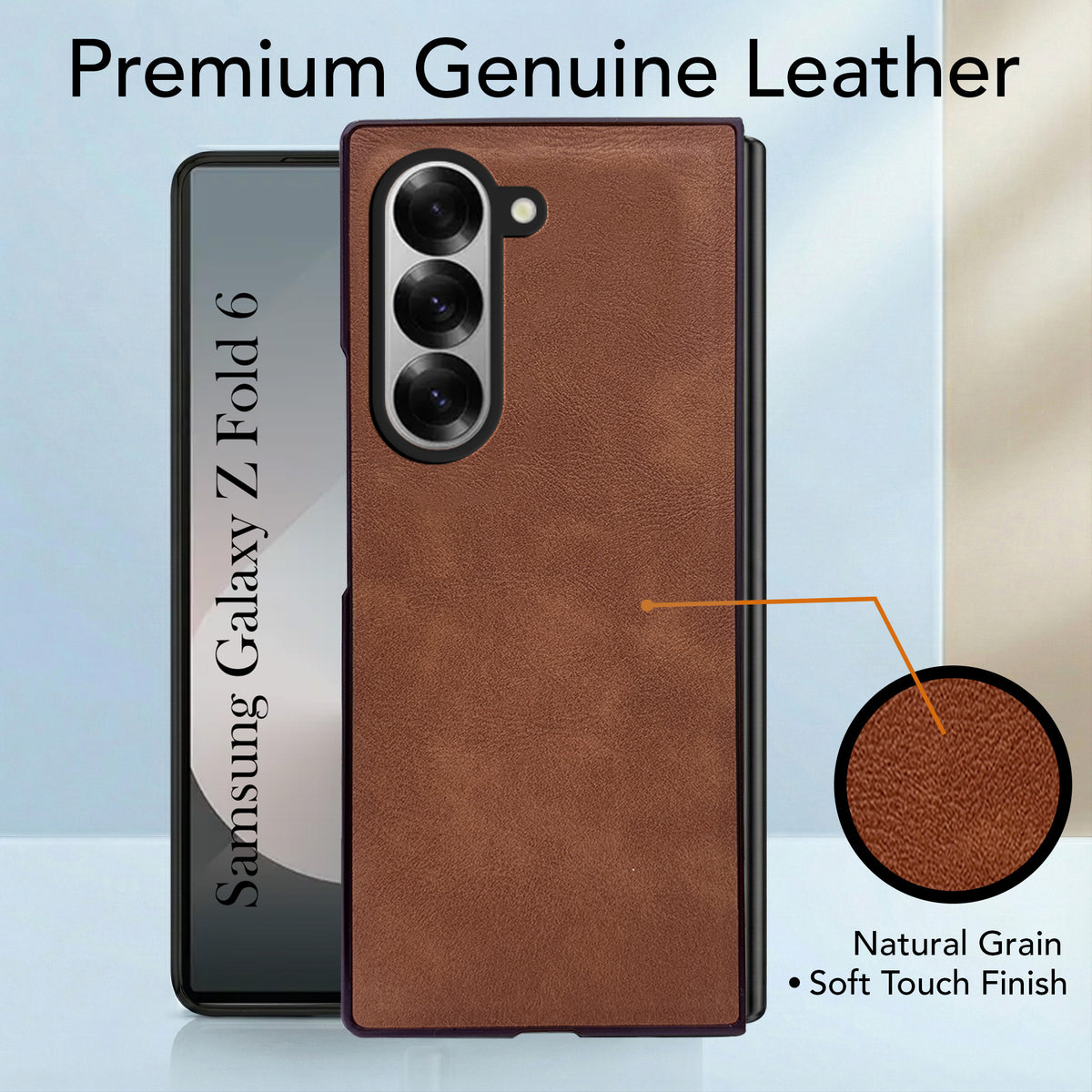 For Samsung Galaxy Z Fold 6 Back Case Cover Premium Genuine Leather (Integrated Front Screen Protector | Inside Microfiber Cloth)