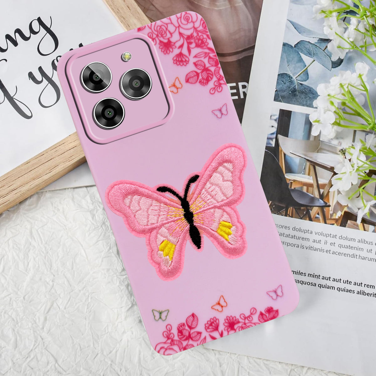 For Lava Yuva 3 Back Cover Case (Soft Butterfly Embroidery | Women Teen Girls | Camera Protection| Matte Silicone)