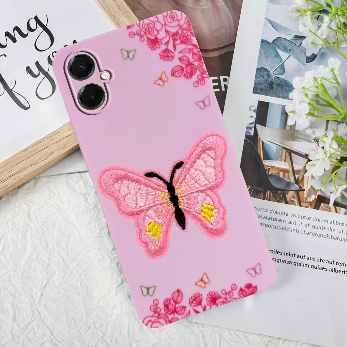 For Samsung Galaxy A06 Back Cover Case (Soft Butterfly Embroidery | Women Teen Girls | Camera Protection| Matte Silicone)