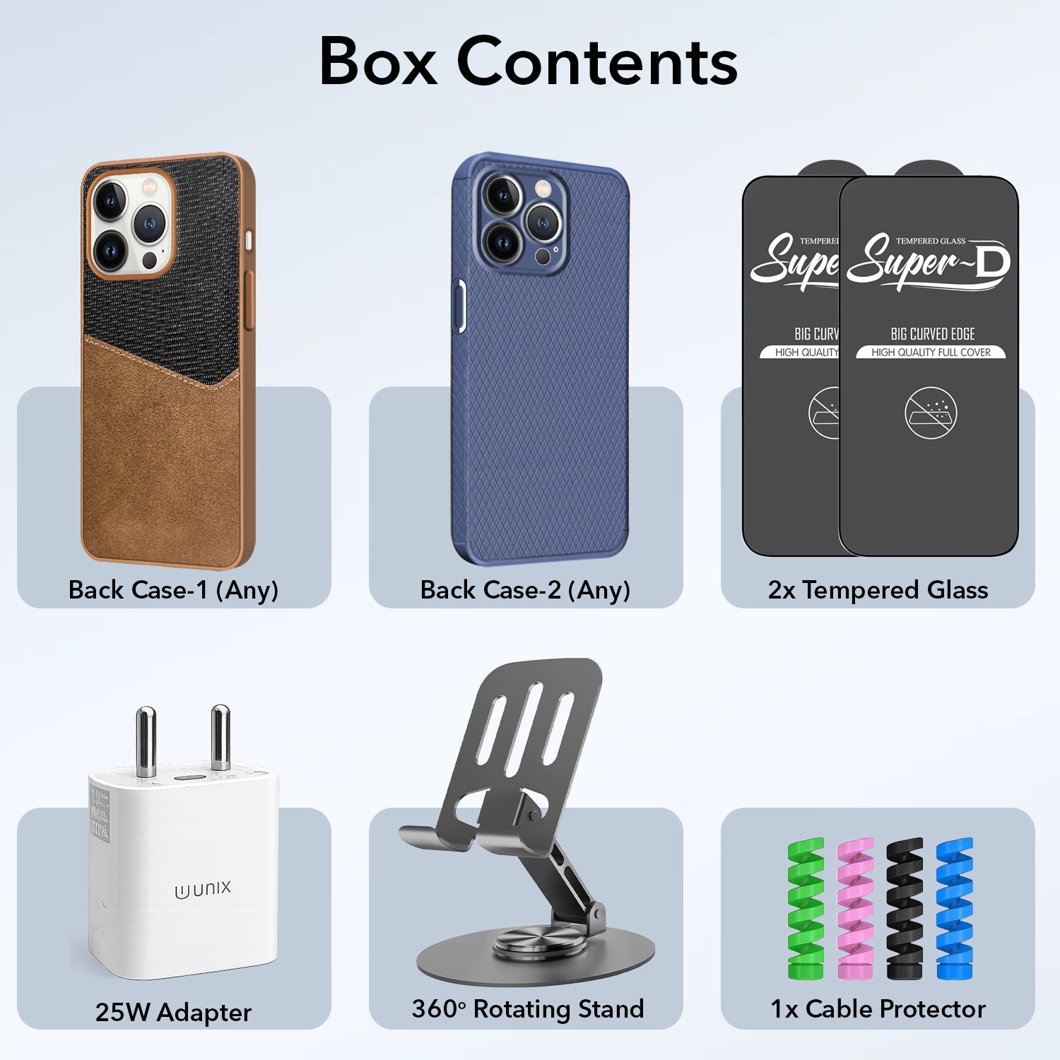 Complete Mobile Care Kit (Get Any 2 Cases+2 Tempered Glass+25W Charger Adapter+Metallic Mobile Stand+Cable Protector)