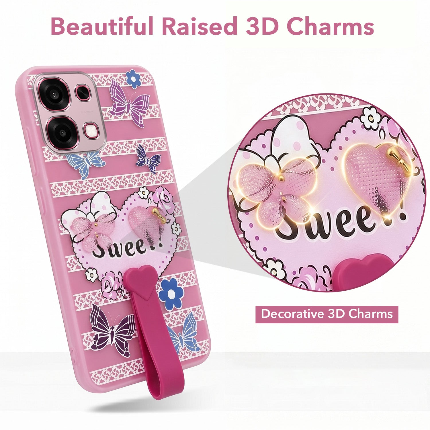 For Oppo F31 5G | Oppo F33 5G Back Cover Case (3D Cute Heart Strap Holder | Camera Protection | Designer Girls Print)