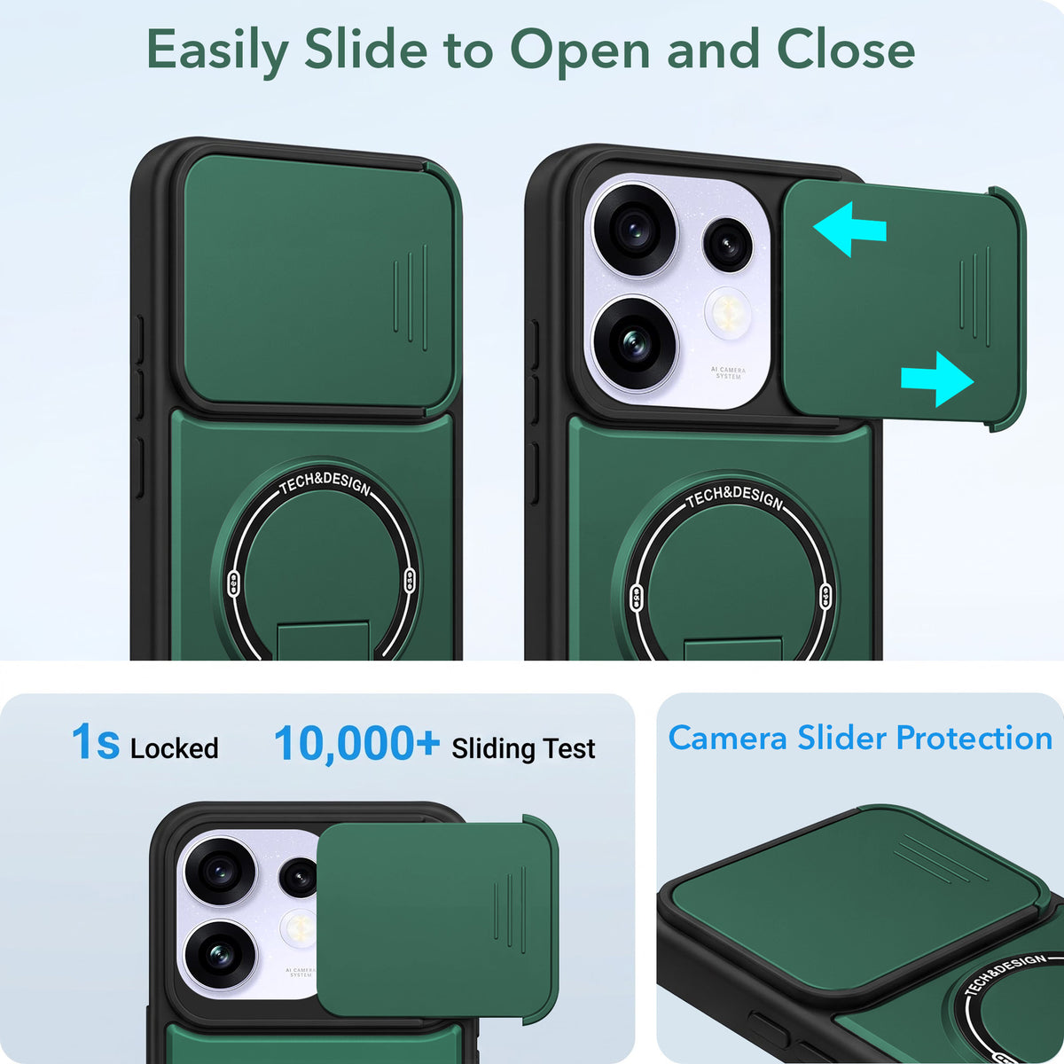 For Oppo Reno 16 Power Back Case Cover Metallic (Hybrid Armor Kickstand | Sliding Shutter Camera Protection | MagSafe Compatible)