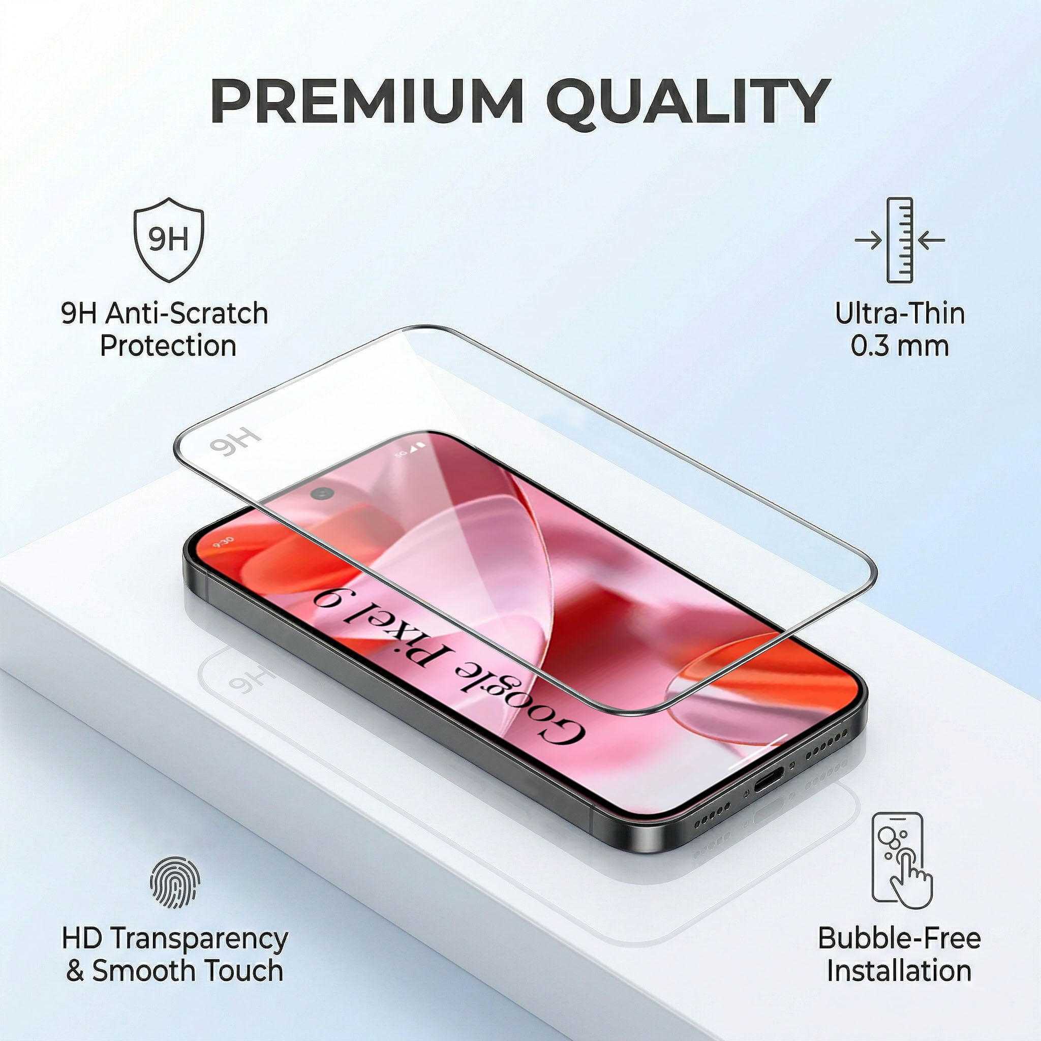 For Google Pixel 9 Combo with Back Cover and 9H Tempered Glass (Lifetime Anti-Yellow | Sleek Hard Crystal | Oleophobic Coating Screen Glass)