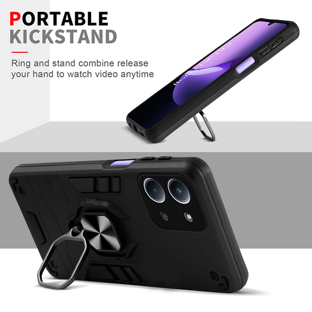 For Redmi 15C Hybrid Armor Back Cover Case (Shockproof Dual Layer Polycarbonate |Ring Holder Kickstand)