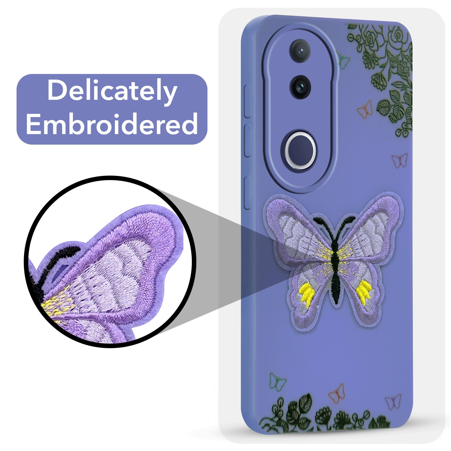 For Vivo T4R Back Cover Case (Soft Butterfly Embroidery | Women Teen Girls | Camera Protection| Matte Silicone)